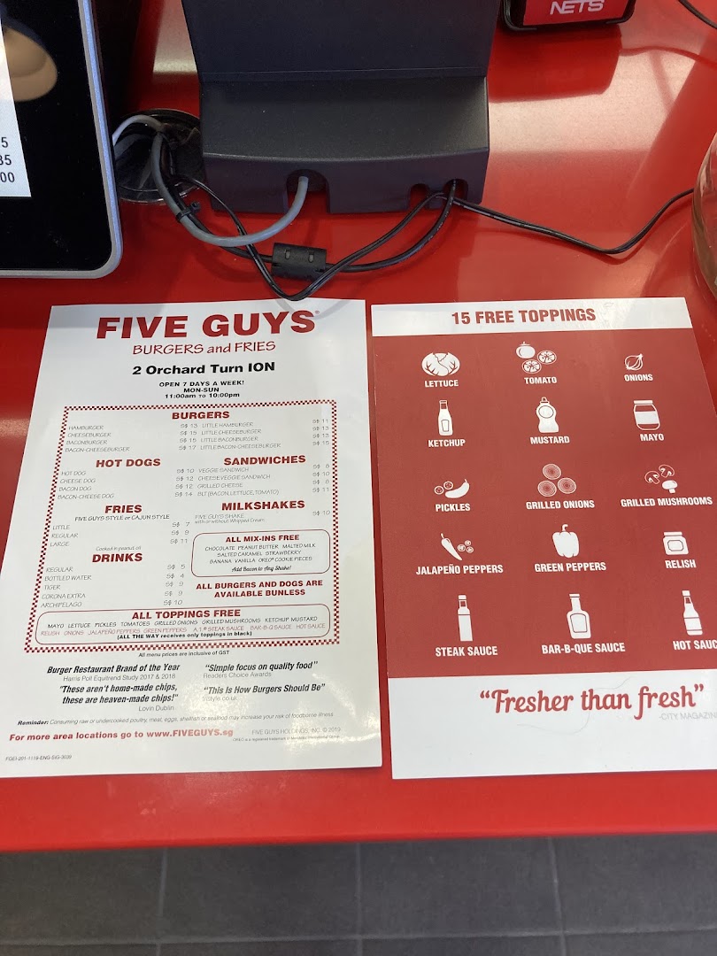Menu page for Five Guys ION Mall