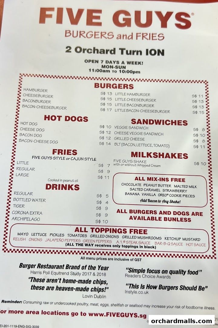 A menu from Five Guys Burgers and Fries, listing burgers, hot dogs, sandwiches, fries, drinks, and milkshakes.