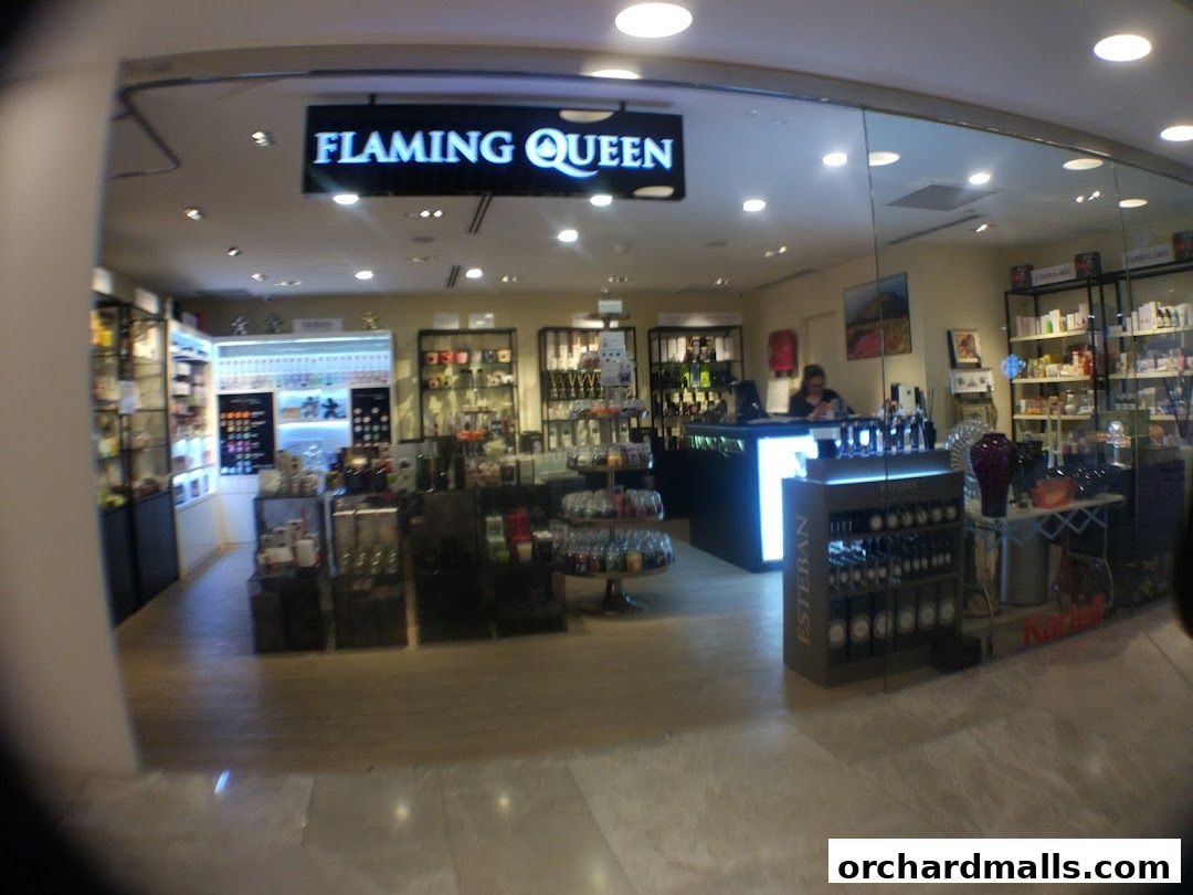 Interior view of the Flaming Queen shop showcasing various products and a counter.