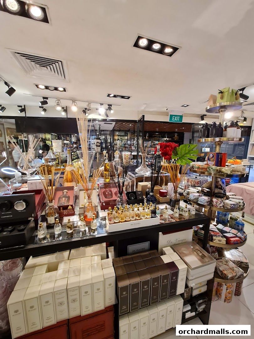 Interior view of a shop displaying various perfumes, diffusers, and gift sets.