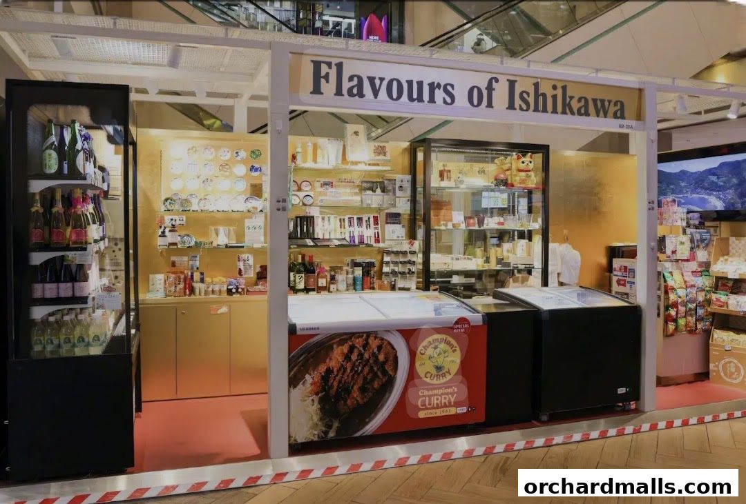 A retail stall named 'Flavours of Ishikawa' selling various Japanese food products and beverages.