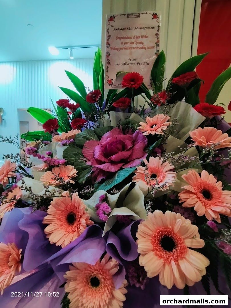 A floral arrangement with a congratulatory note for a shop opening.
