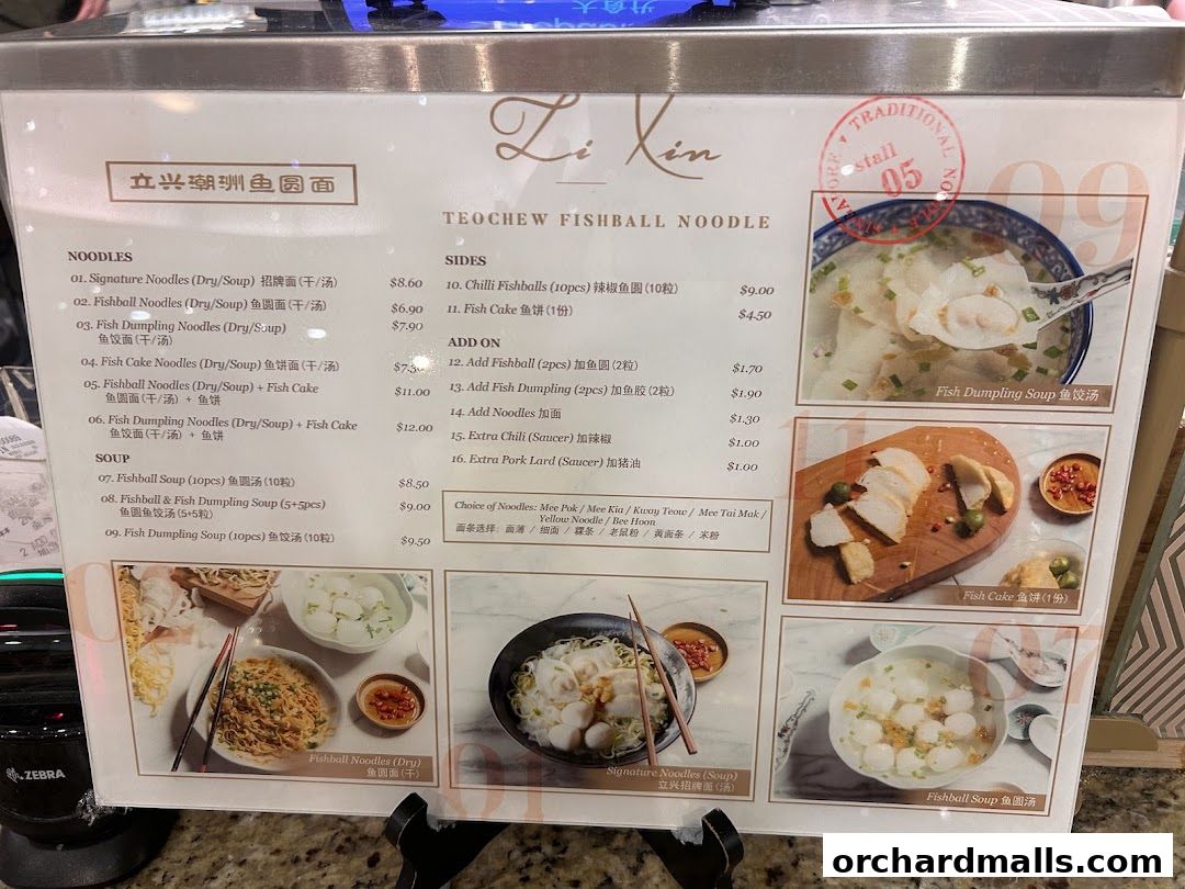 A menu for Teochew Fishball Noodles from Li Xin, featuring various noodle and soup options with prices.