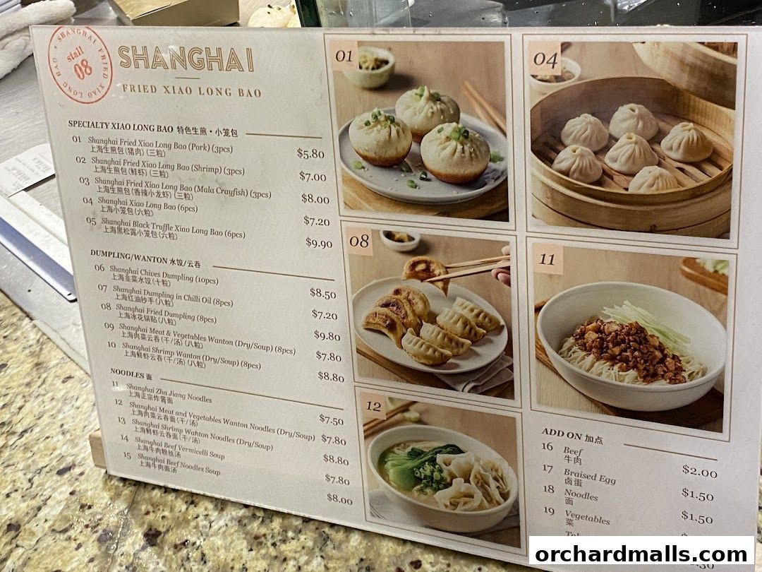 A menu from Shanghai Fried Xiao Long Bao featuring various dumplings, wantons, and noodles.