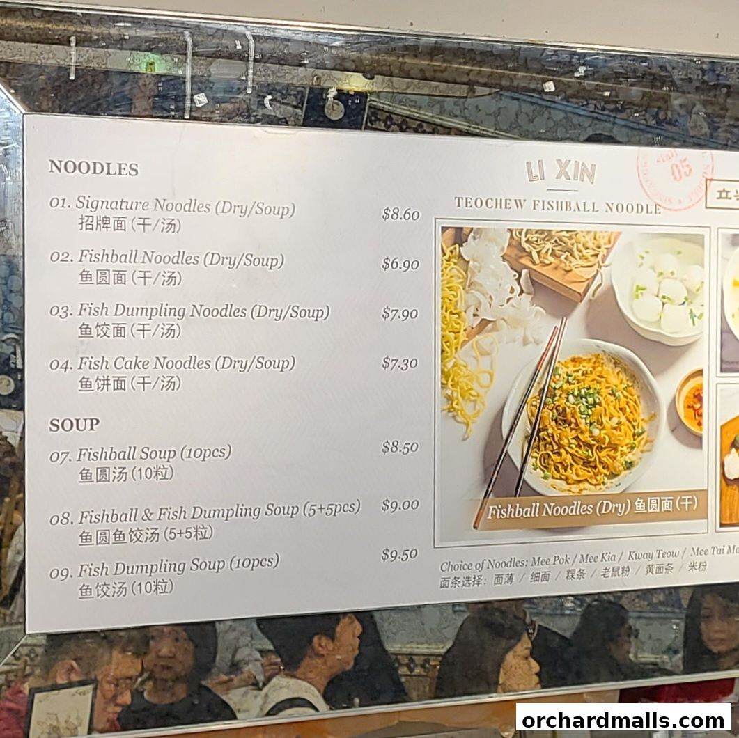 A menu for Li Xin Teochew Fishball Noodle, featuring various noodle and soup dishes.