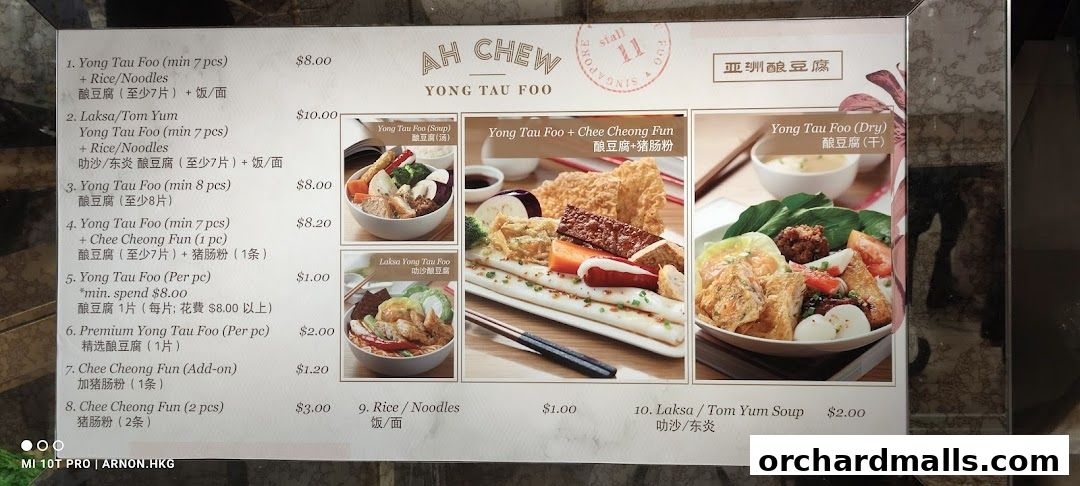 A menu for Ah Chew Yong Tau Foo, showcasing various Yong Tau Foo dishes and other items with prices.