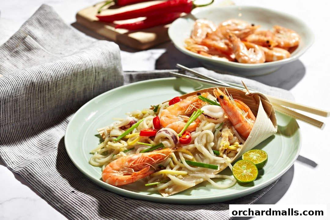 A plate of noodles with shrimp and squid, garnished with chili and lime, with a bowl of shrimp in the background.