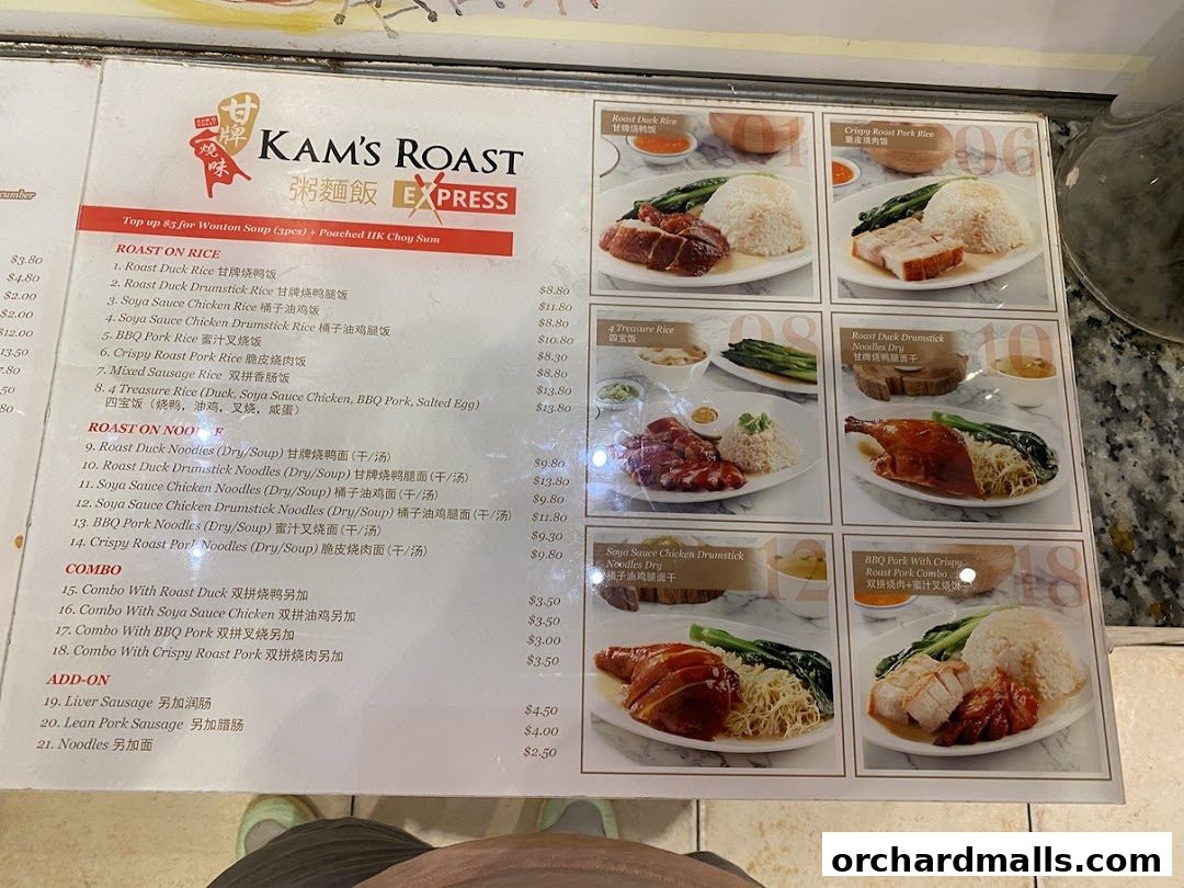 A menu from Kam's Roast Express featuring various roast meats and noodle dishes.