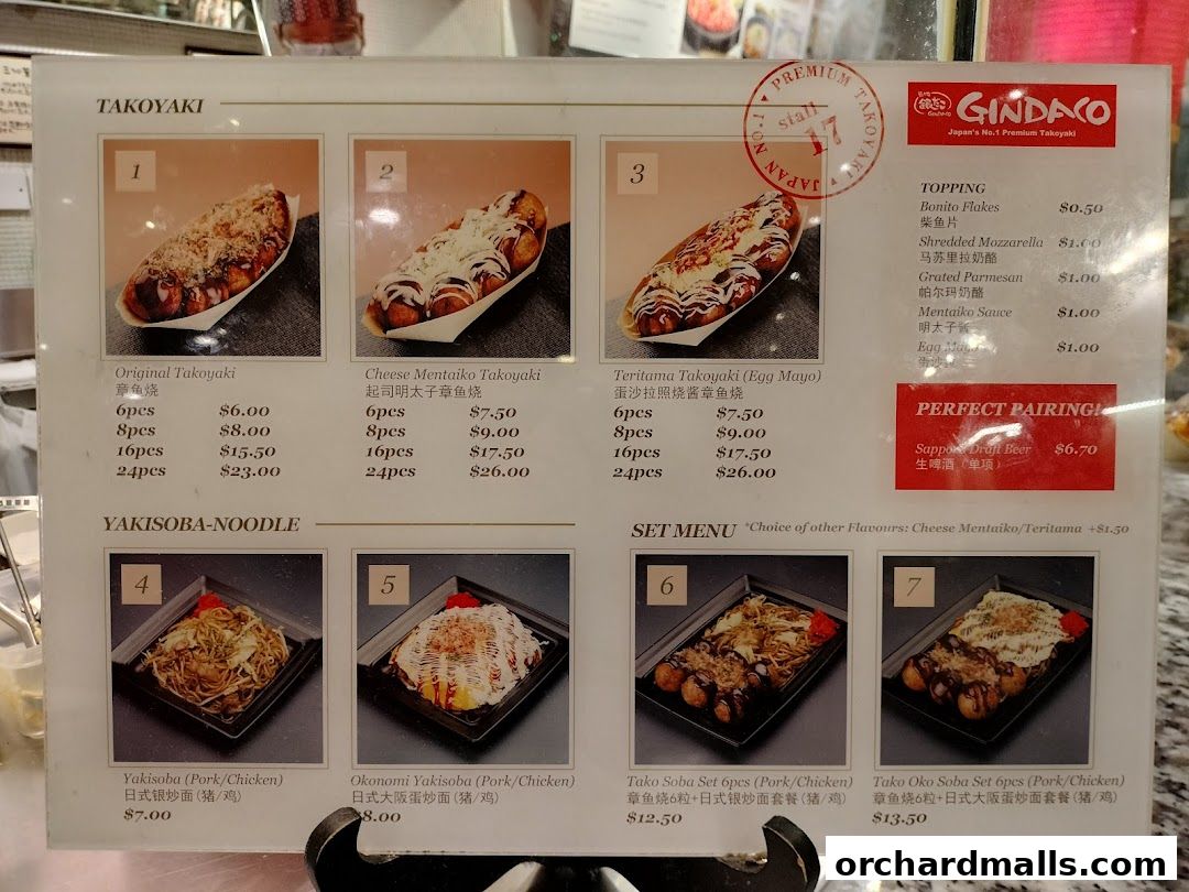 A menu featuring Takoyaki, Yakisoba, and Tako Soba sets with prices and descriptions.
