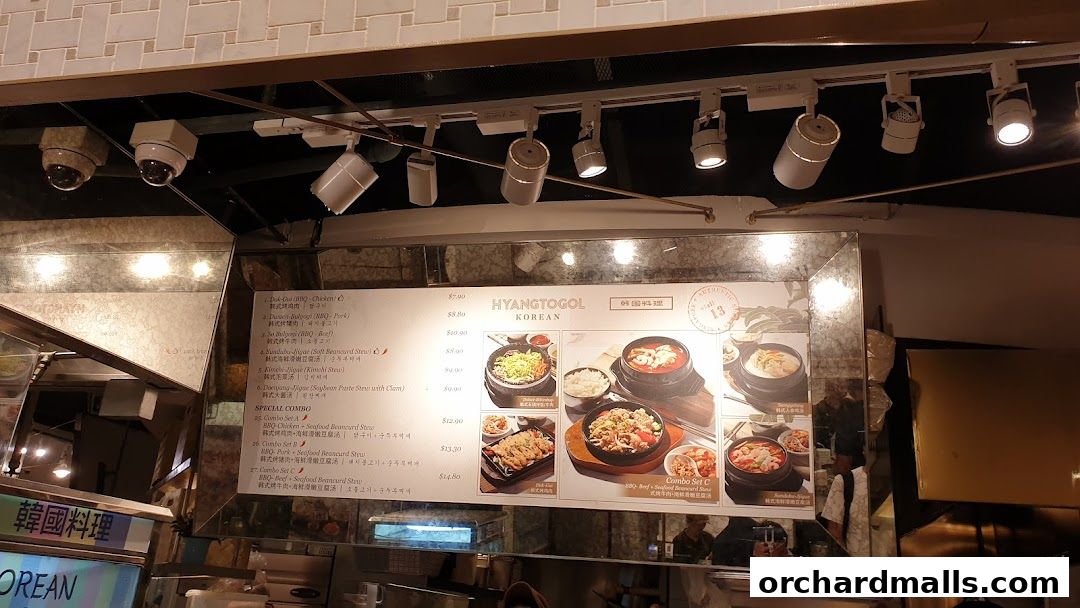 A menu for Hyangtogol Korean restaurant featuring various dishes and combo sets.