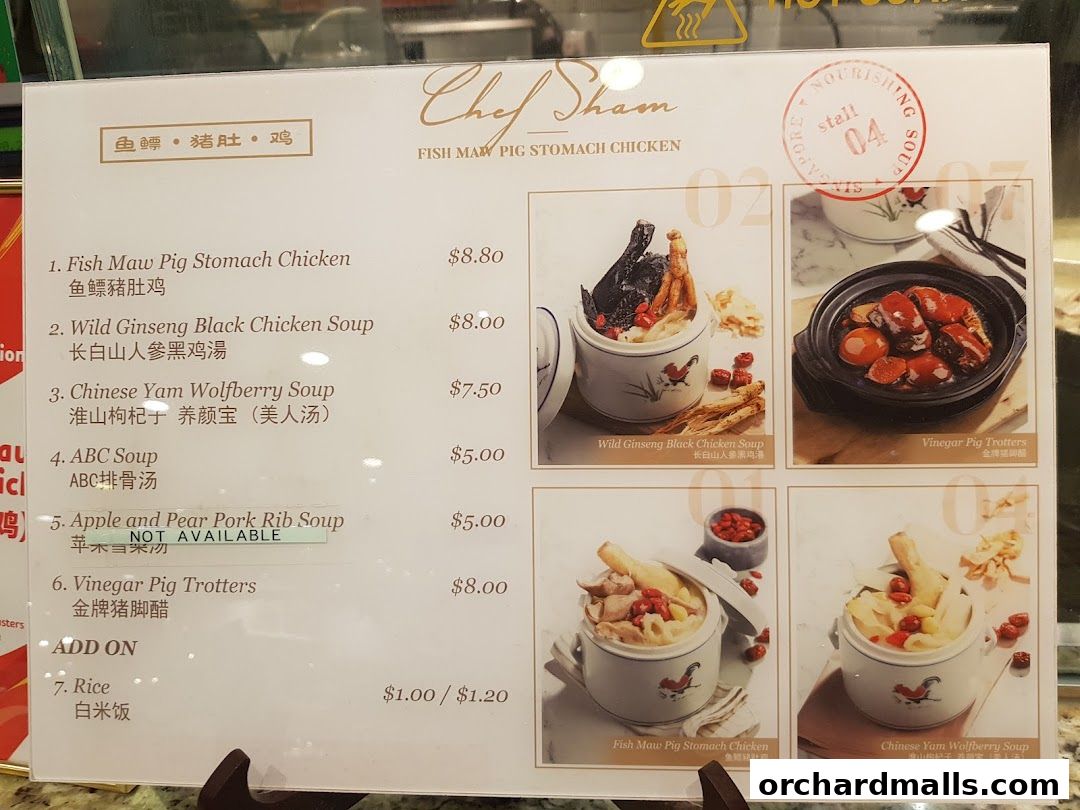 A menu from Chef Sham featuring various nourishing soups and dishes with prices and images.