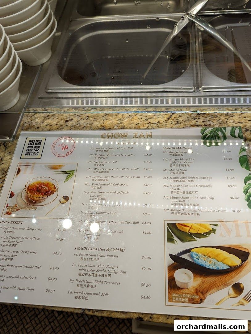 A menu for Chow Zan, a dessert shop, featuring various hot and cold desserts with prices.