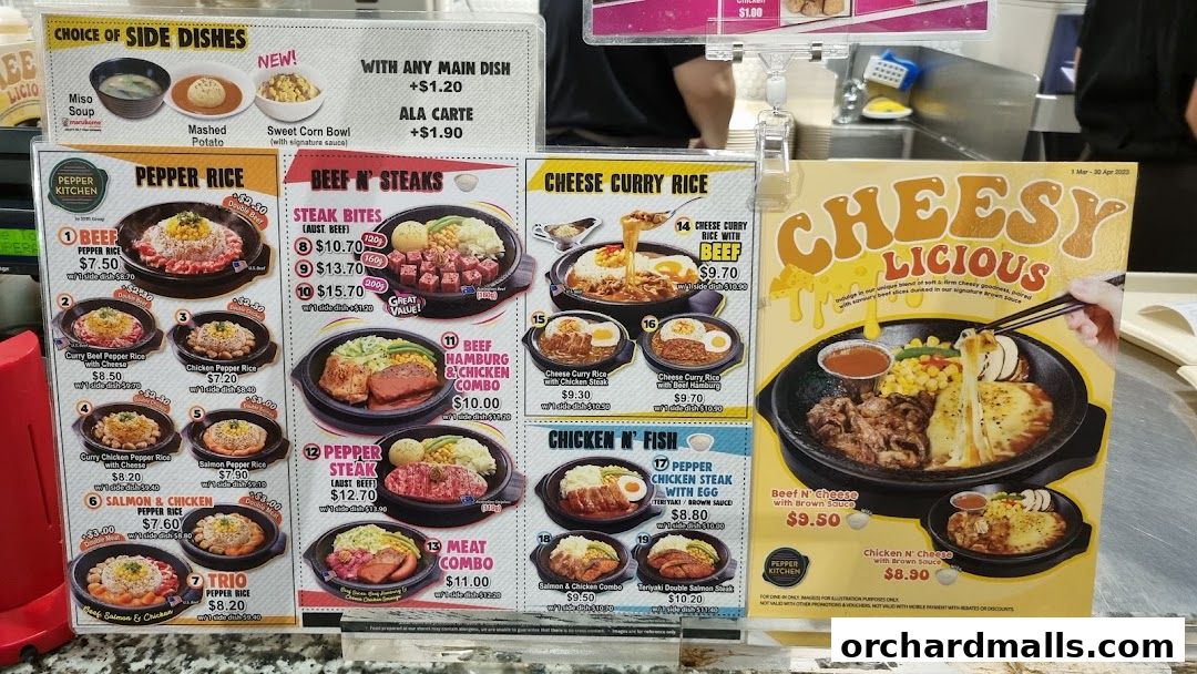 A menu display for Pepper Kitchen featuring various rice dishes, steaks, and combos.