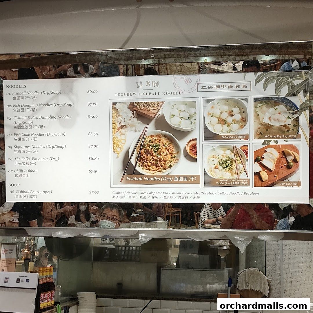 A menu for Li Xin Teochew Fishball Noodle, featuring various noodle dishes and fishball soup.