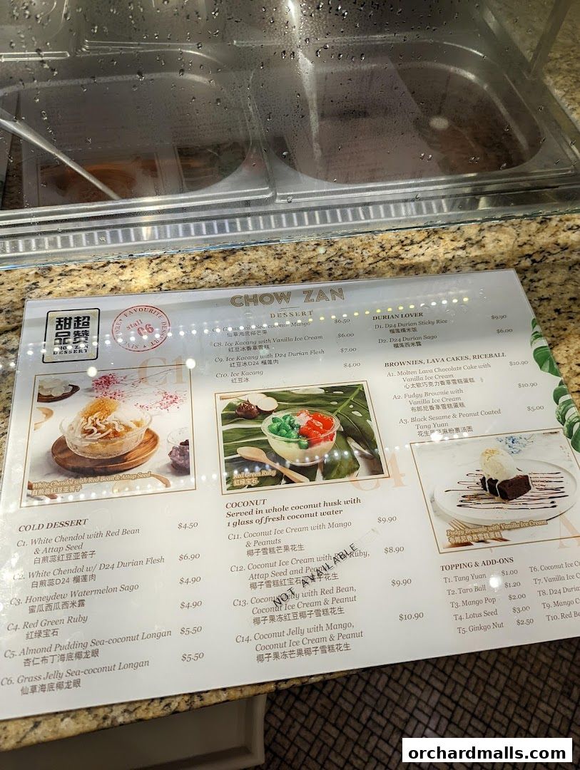 A menu for Chow Zan desserts featuring cold desserts, coconut-based treats, and brownies.