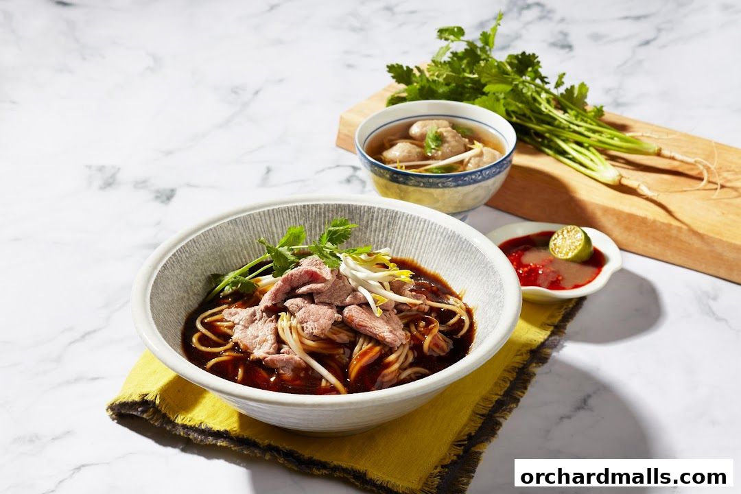 A delicious bowl of beef noodle soup with a side of meatballs and dipping sauce.