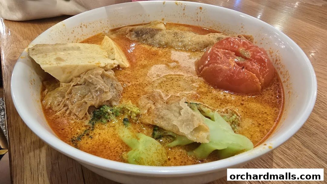 A close-up shot of a delicious bowl of curry noodle soup with various ingredients.