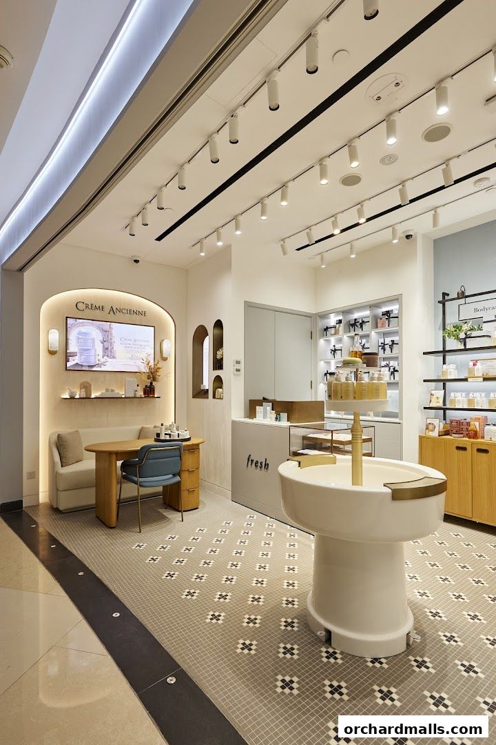 Interior view of a modern beauty store with product displays and a consultation area.