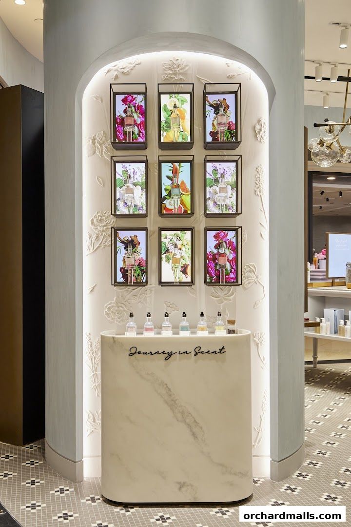 A display of perfume bottles with floral and fruit imagery, and the text 'Journey in Scent'.