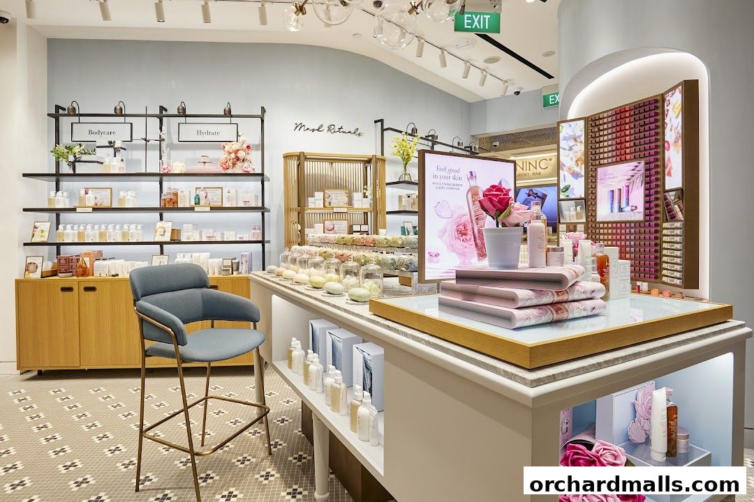 Interior view of a beautifully arranged skincare and beauty store with products displayed on shelves and a central island.