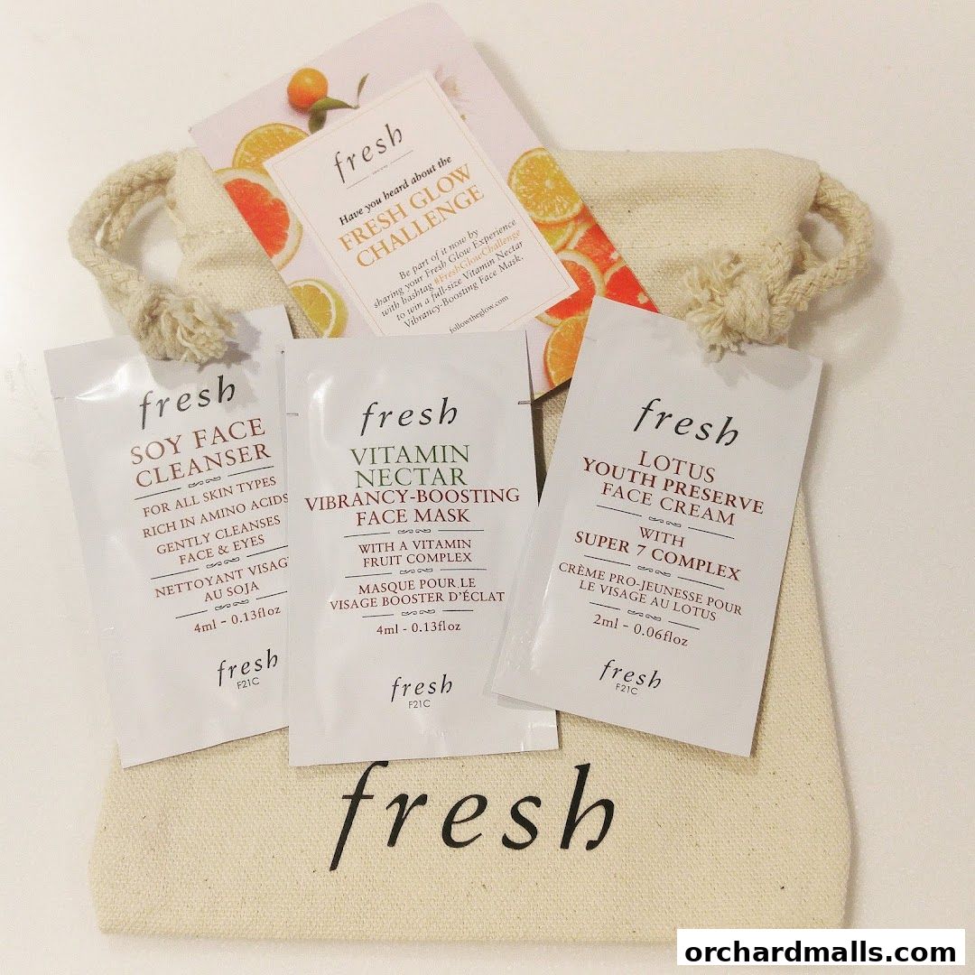 A collection of Fresh skincare samples including a soy face cleanser, face mask, and face cream.