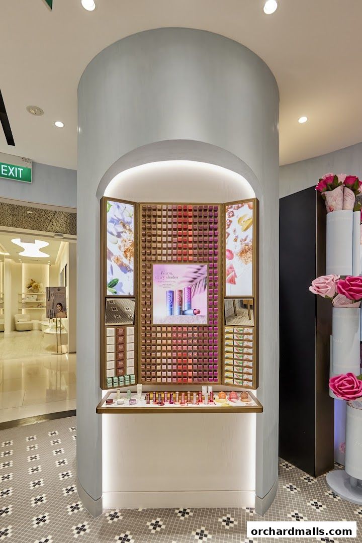 A display of lipsticks and makeup products in a modern retail store.