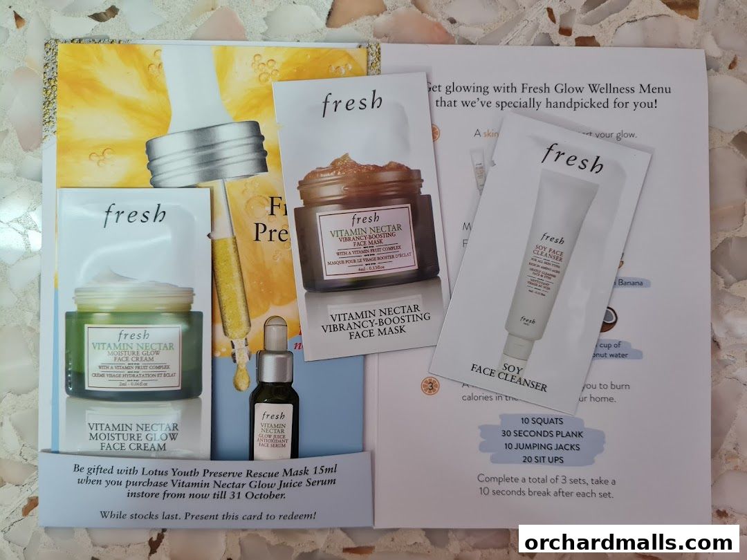 Fresh skincare products and a wellness menu with exercise tips are displayed.
