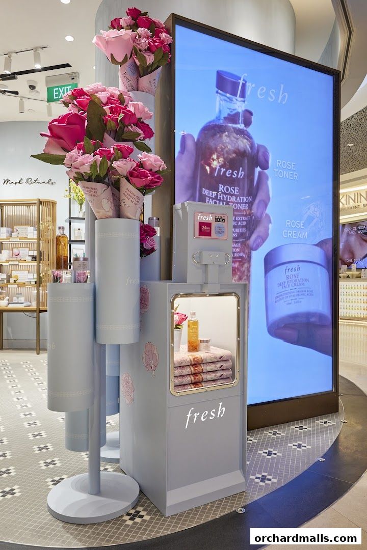 A display featuring Fresh Rose skincare products with floral arrangements and a large advertisement.