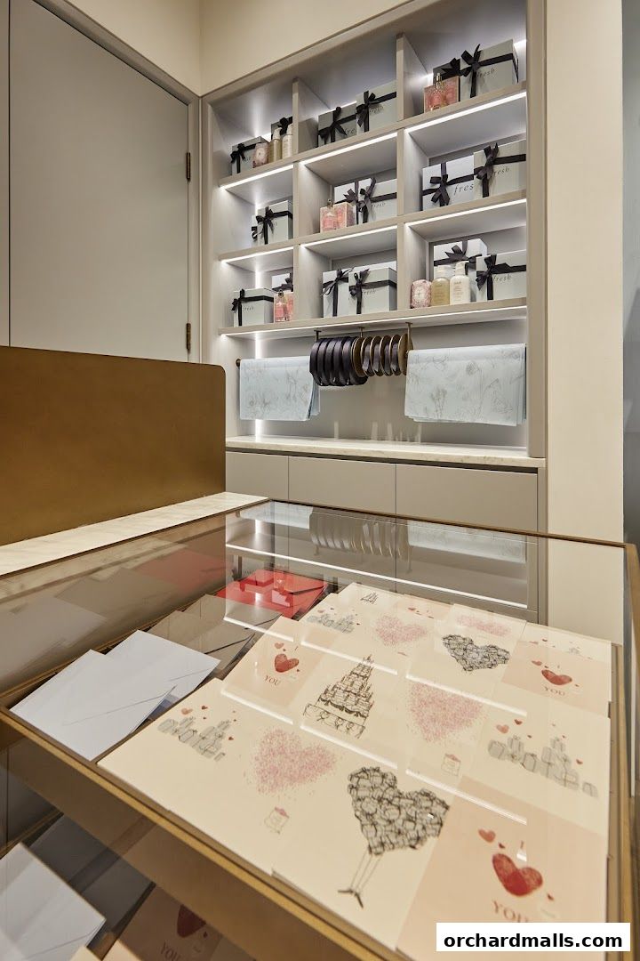 A retail display featuring gift boxes, toiletries, and greeting cards with a Valentine's Day theme.