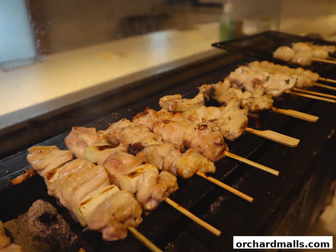 Yakitori skewers grilling over charcoal, showcasing delicious grilled chicken.