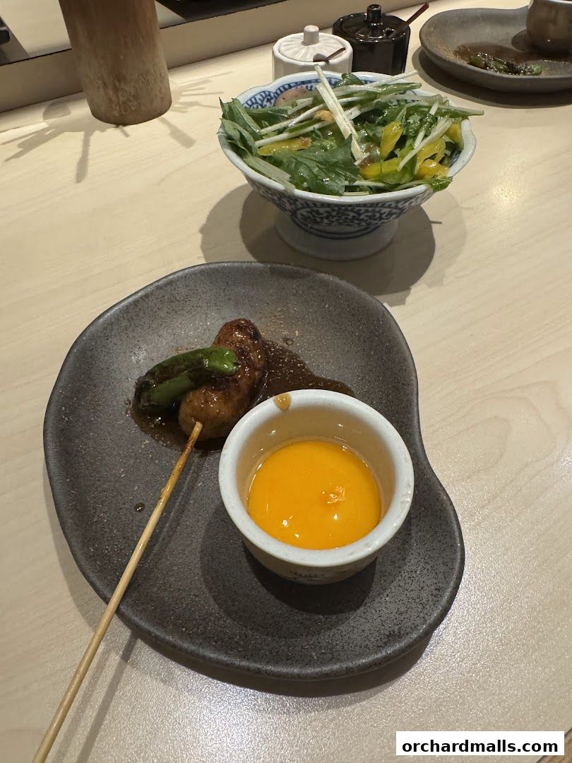 A plate of yakitori with a side of salad and a raw egg yolk dip.