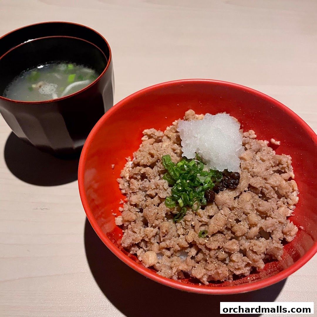 A bowl of minced meat over rice with grated radish and spring onions, served with soup.