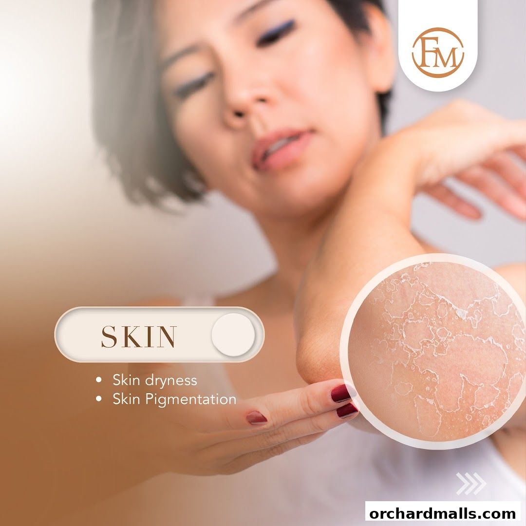 A woman's arm showing skin dryness and pigmentation, with a close-up view of dry skin.