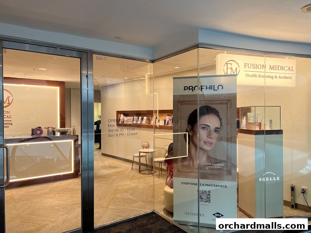 Exterior view of Fusion Medical, a health screening and aesthetic clinic, with promotional banners and displays.