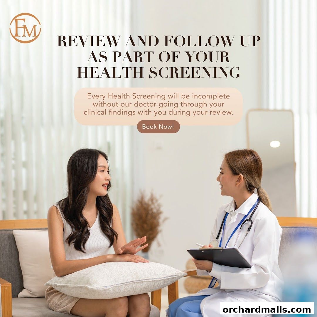 A doctor reviews health screening results with a patient in a modern clinic setting.