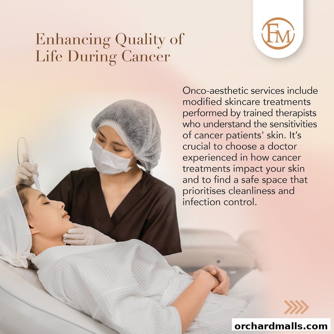 A therapist performs a skincare treatment on a patient, with text about cancer care.