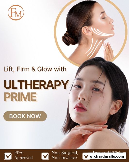 Advertisement for Ultherapy Prime treatment by Fusion Medical, showcasing before and after effects on facial skin.