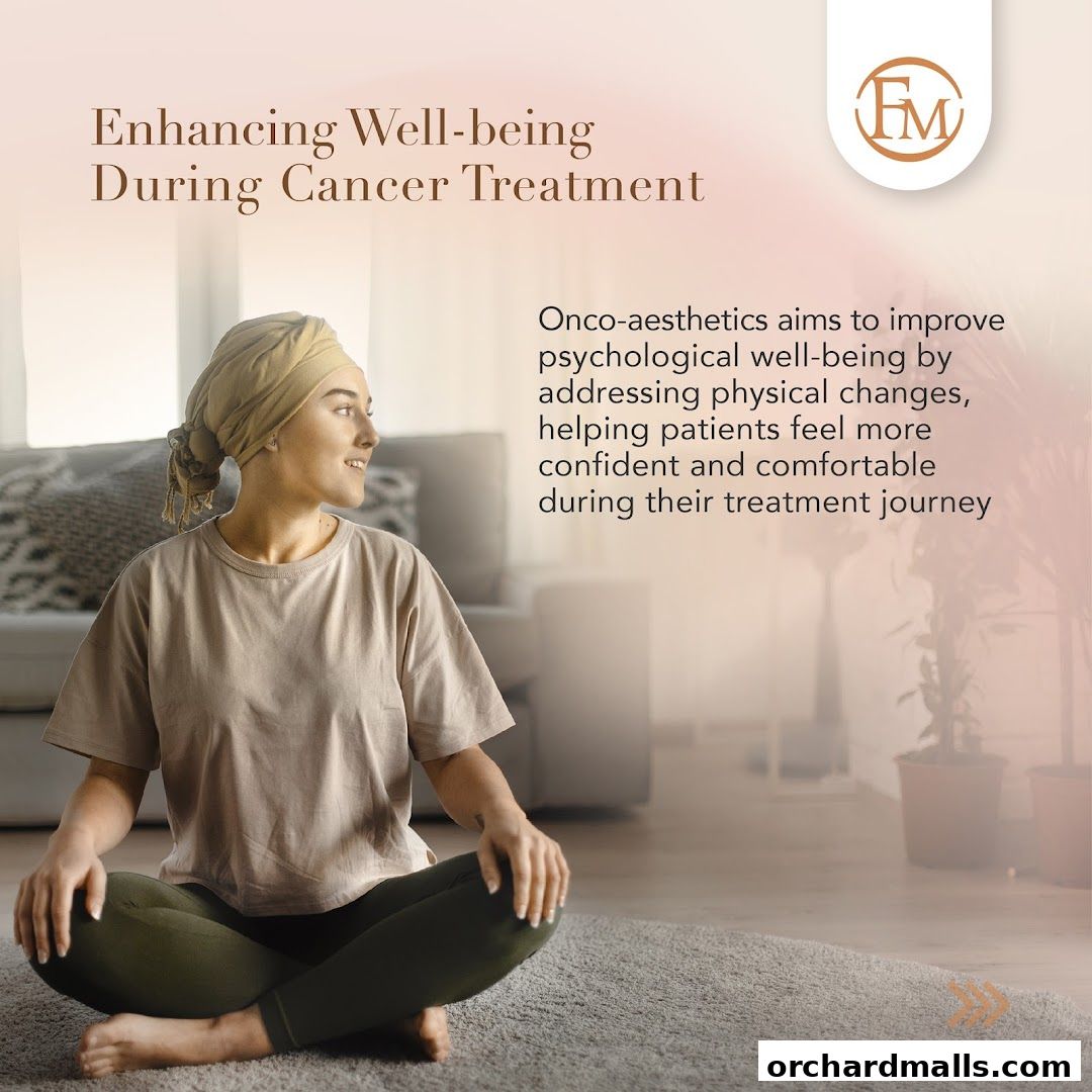 A woman with a headscarf sits cross-legged, promoting well-being during cancer treatment.