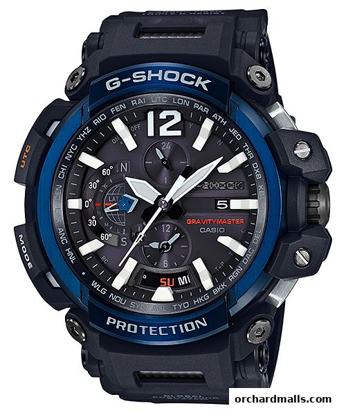 A close-up of a G-SHOCK Gravitymaster watch with a blue and black design.