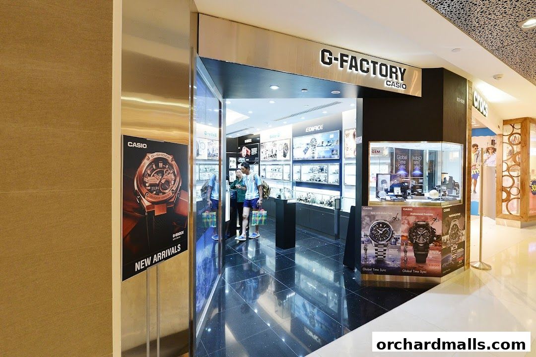 The entrance to a G-SHOCK CASIO watch store, showcasing new arrivals and various watch displays.
