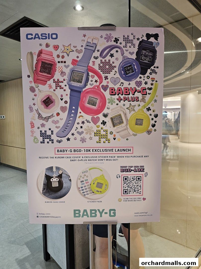 A poster advertising the Baby-G BGD-10K exclusive launch with colorful watches and accessories.