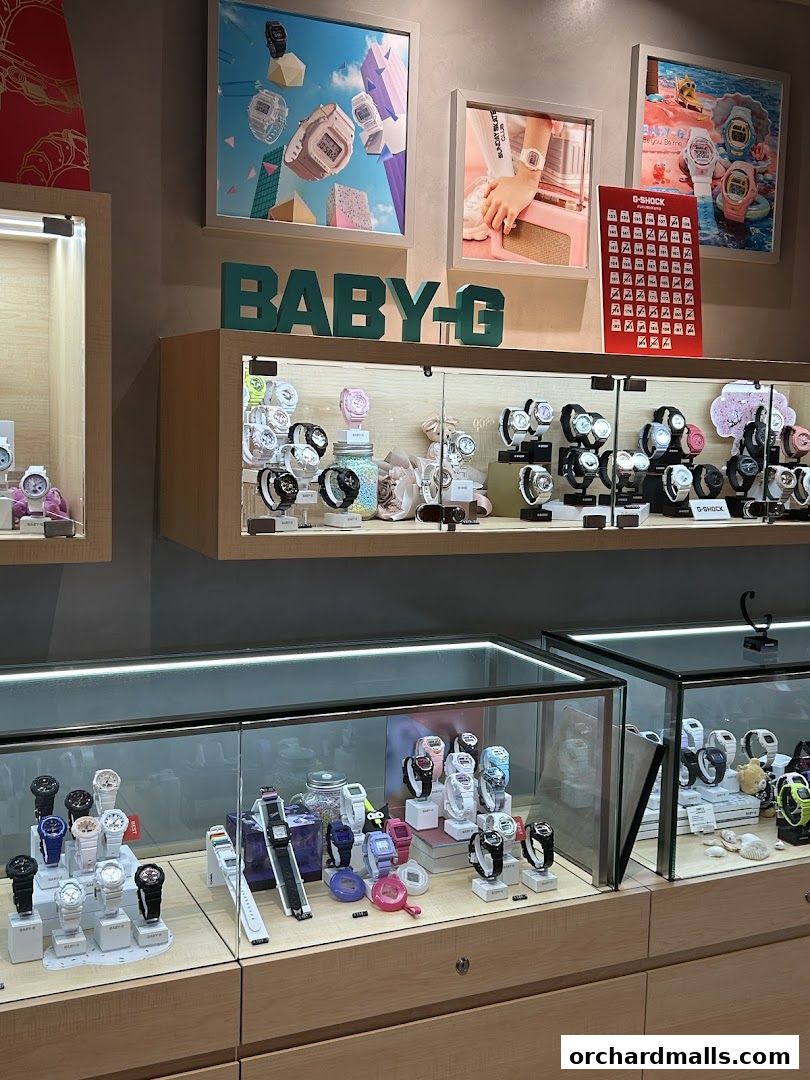 A display of G-SHOCK and BABY-G watches in a retail store.