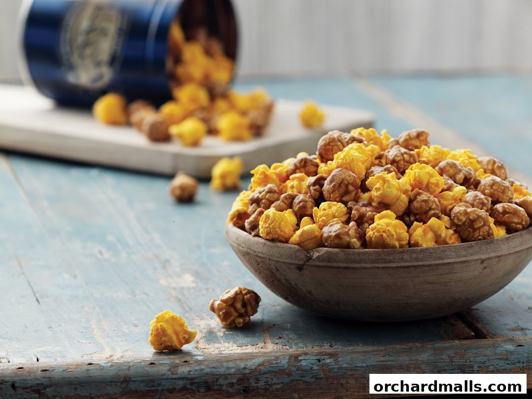 A bowl overflowing with delicious caramel and cheese popcorn, with more spilling from a tin.