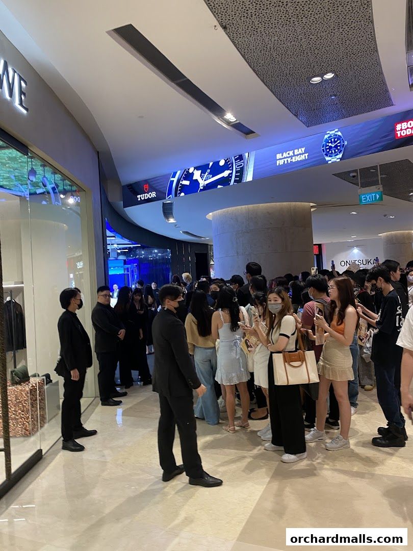 A crowd of people gathered outside a store, with security personnel present.