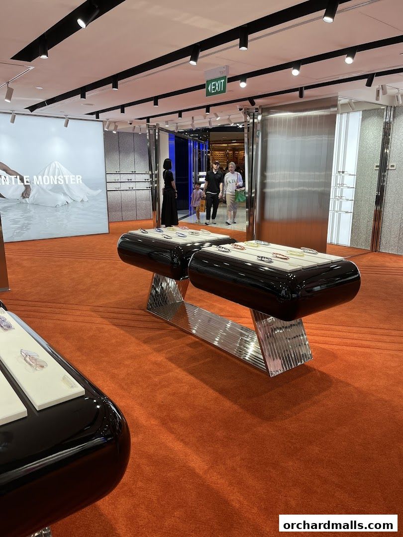 Interior of a stylish eyewear store with display tables and customers.