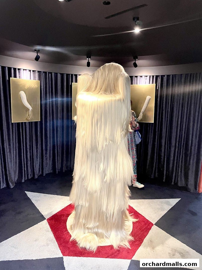 A unique, furry sculpture is displayed in a dimly lit room with artistic wall hangings.