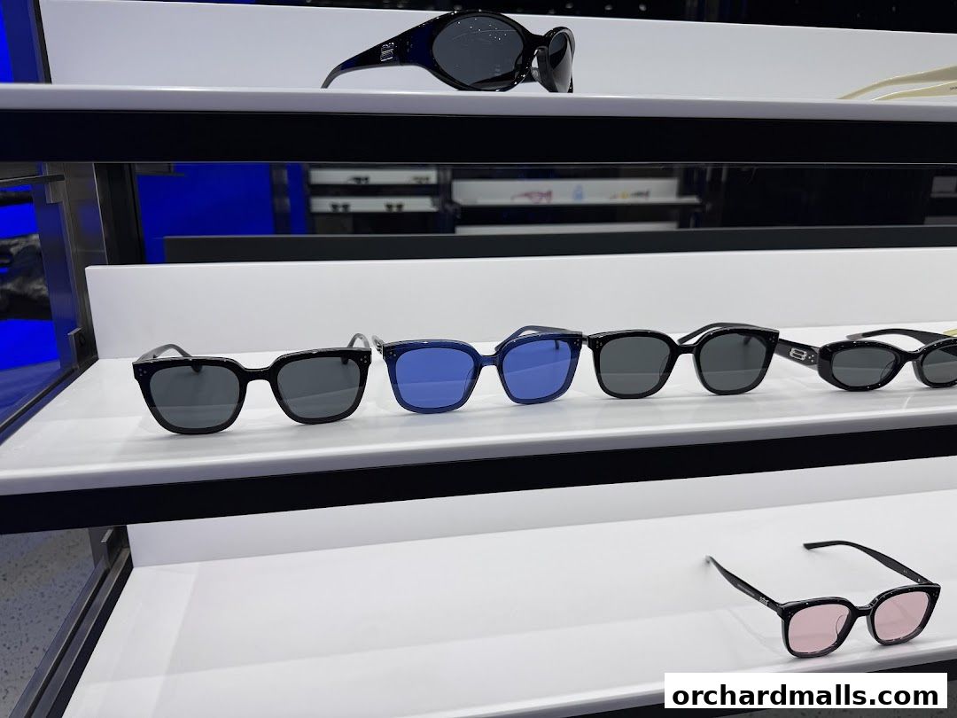 A display of various stylish sunglasses on white shelves, showcasing different frame shapes and lens colors.