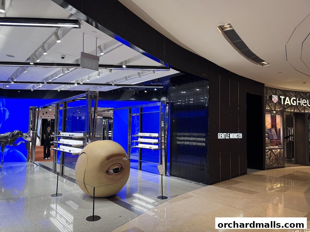 The modern interior of Gentle Monster ION Orchard, showcasing eyewear displays and unique art installations.