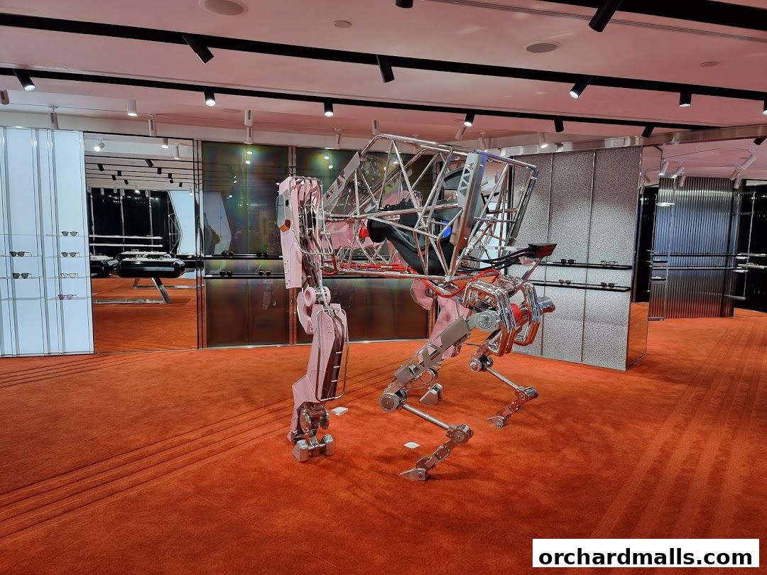 Interior of a modern retail store with a large, robotic art installation and displays of eyewear.