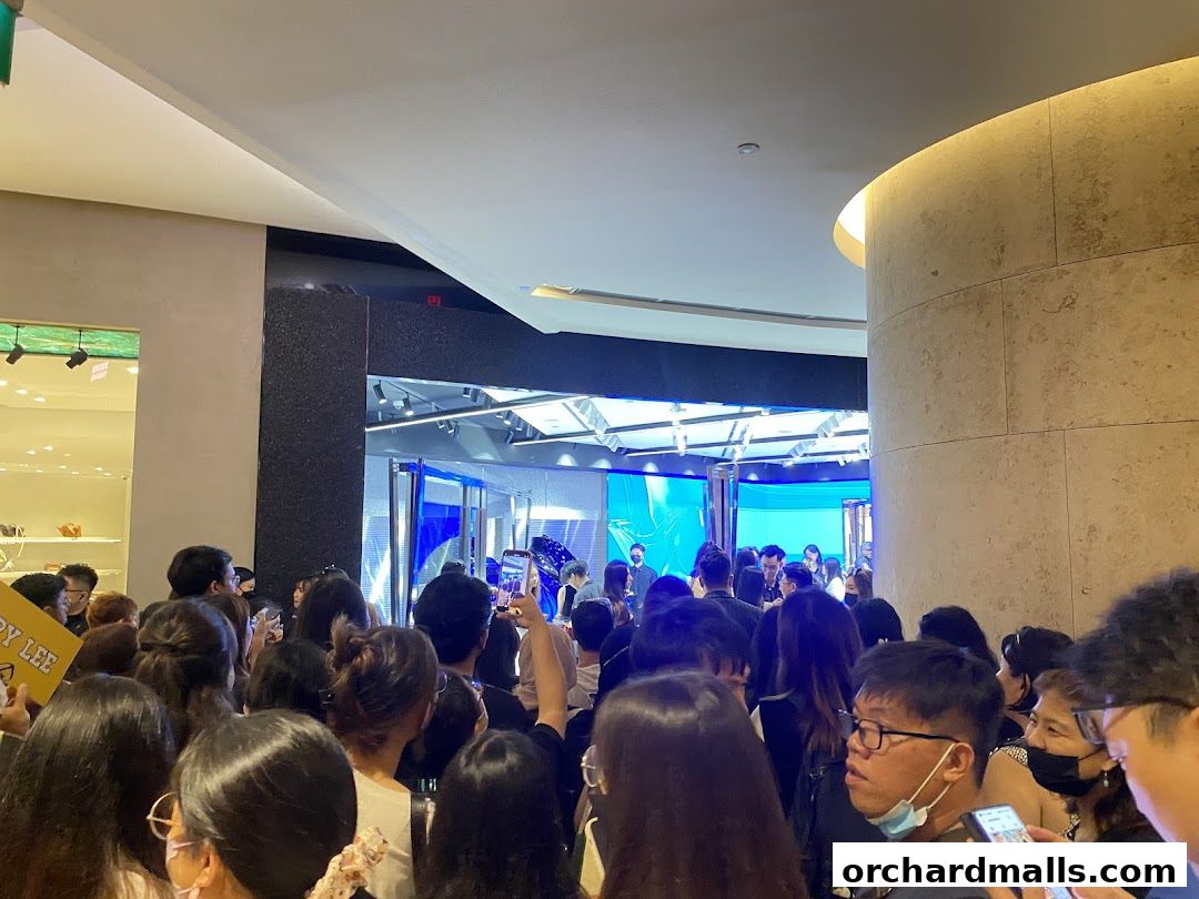 A crowd of people gathered outside a store with bright blue displays and a car.